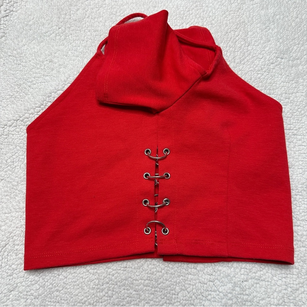 Women’s Red Topshop Cropped Top Cold Shoulder Spaghetti Strap V neck - Picture 10 of 14